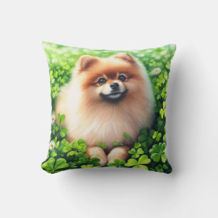Watercolor Pomeranian Green Shamrock Field Cushion