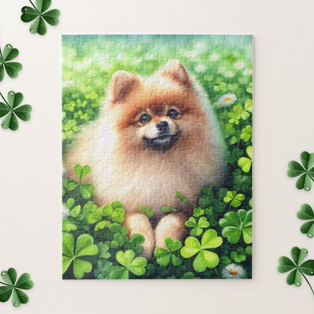Watercolor Pomeranian Green Shamrock Field Jigsaw Puzzle (Creator Uploaded)