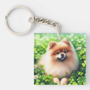 Watercolor Pomeranian Green Shamrock Field Key Ring