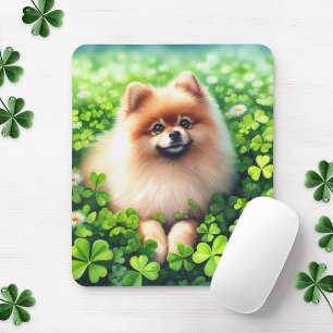 Watercolor Pomeranian Green Shamrock Field Mouse Mat