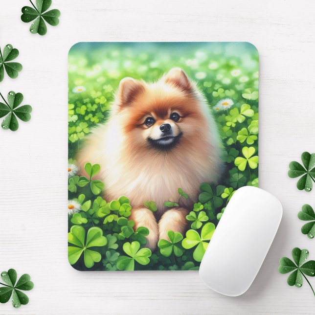 Watercolor Pomeranian Green Shamrock Field Mouse Mat (Creator Uploaded)