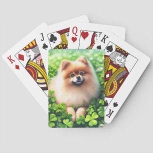 Watercolor Pomeranian Green Shamrock Field Playing Cards