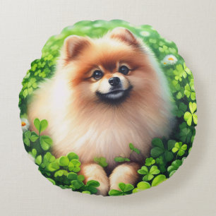 Watercolor Pomeranian Green Shamrock Field Round Cushion
