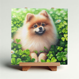Watercolor Pomeranian Green Shamrock Field Tile