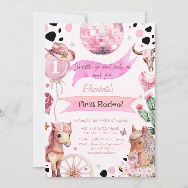  Watercolor Pony Floral Rodeo Polka Dots Birthday  Invitation (Front)