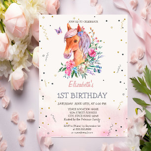 Watercolor Pony Flowers Birthday  Invitation