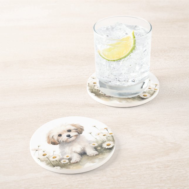 Watercolor Poodle In Daisies Coaster (Side)