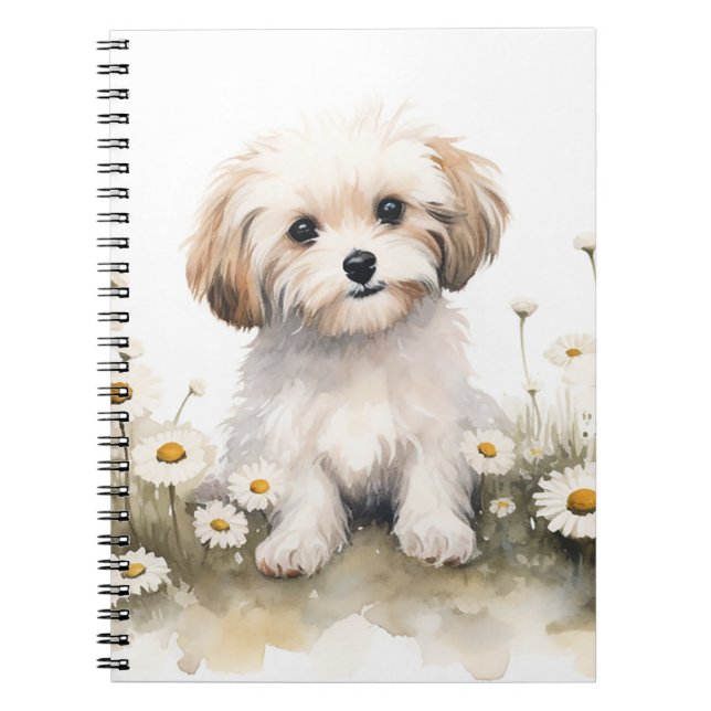 Watercolor Poodle In Daisies Notebook (Front)
