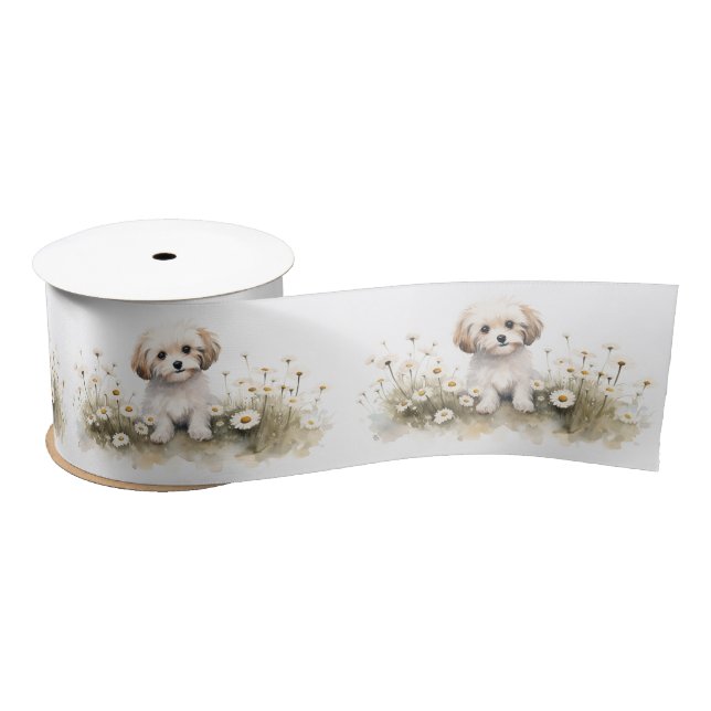 Watercolor Poodle In Daisies Satin Ribbon (Spool)