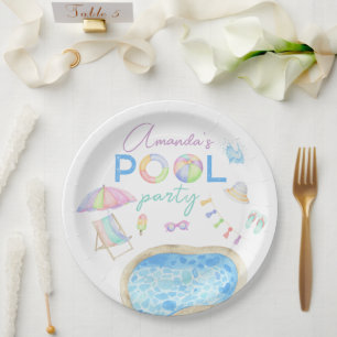 Watercolor Pool Birthday Party Pool Swimming Paper Plate