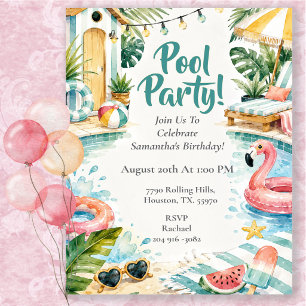 Watercolor Pool Cabana Birthday Party Invitation