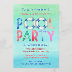 Watercolor Pool Party Birthday Invitation