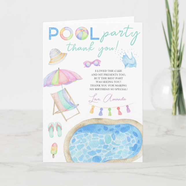 Watercolor Pool Party Birthday Thank you Card (Front)
