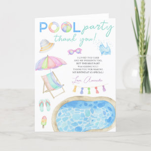 Watercolor Pool Party Birthday Thank you Card