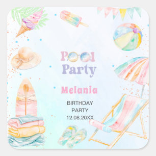 Watercolor pool party birthdaysummer Paper Pla Square Sticker