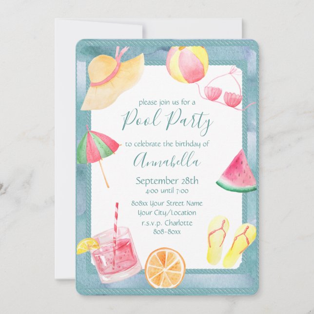 Watercolor Pool Party Invitation (Front)