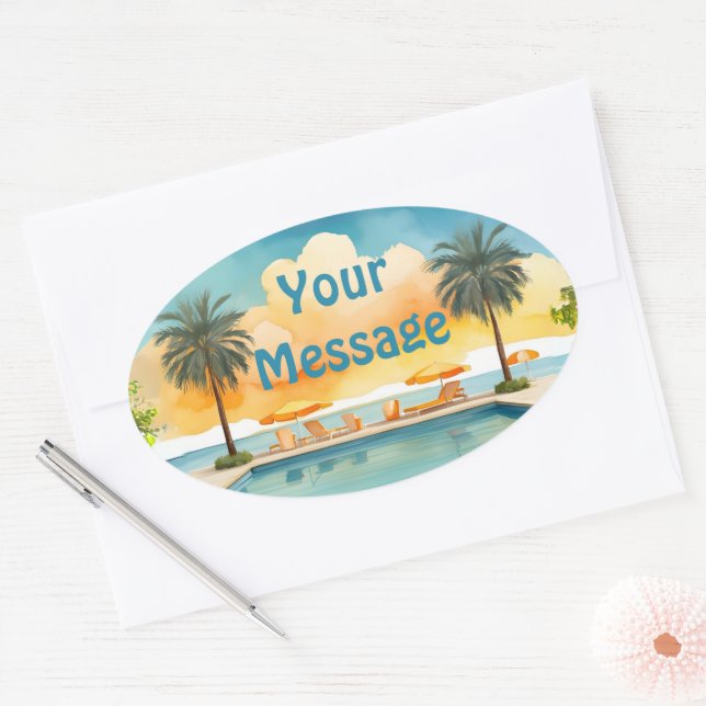 Watercolor Pool Summer Party Oval Sticker (Envelope)