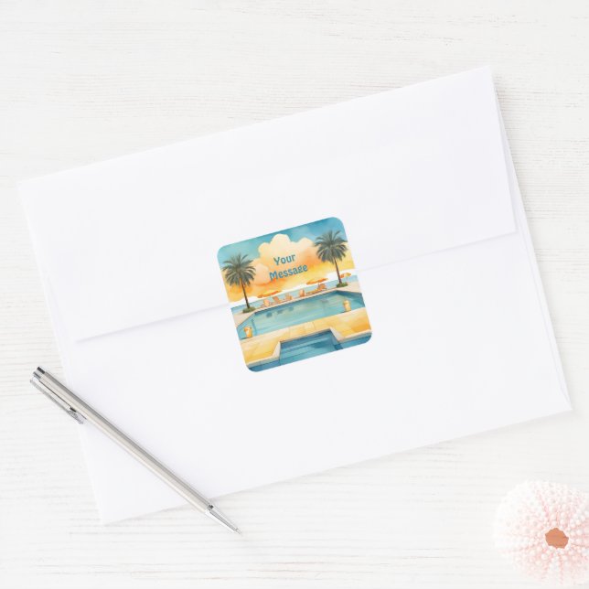 Watercolor Pool Summer Party Square Sticker (Envelope)