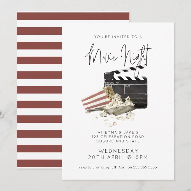 Watercolor Popcorn Movie Night Invitation (Front/Back)