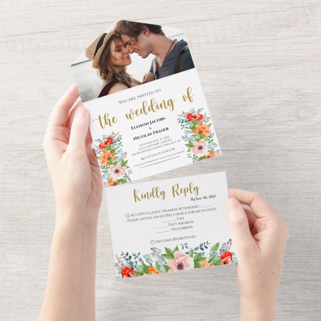 Watercolor Poppies All in One Wedding Invite (Tearaway)