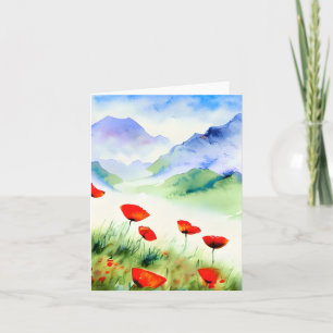 Watercolor poppies and mountain customisable card