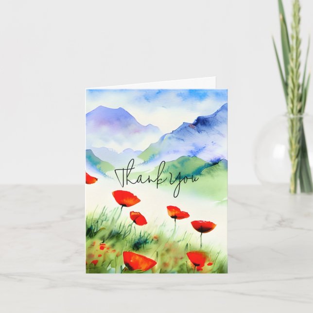 Watercolor poppies and mountain customisable card (Front)
