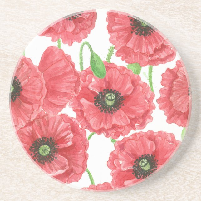 Watercolor poppies floral pattern coaster (Front)