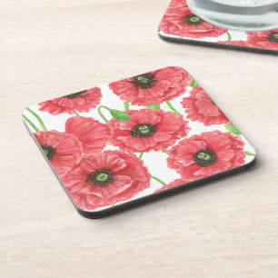 Watercolor poppies floral pattern coaster