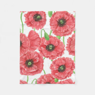 Watercolor poppies floral pattern fleece blanket