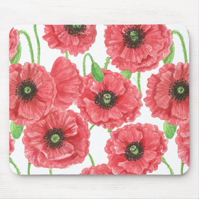 Watercolor poppies floral pattern mouse mat (Front)