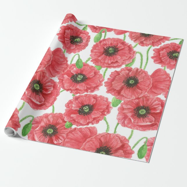 Watercolor poppies floral pattern wrapping paper (Unrolled)