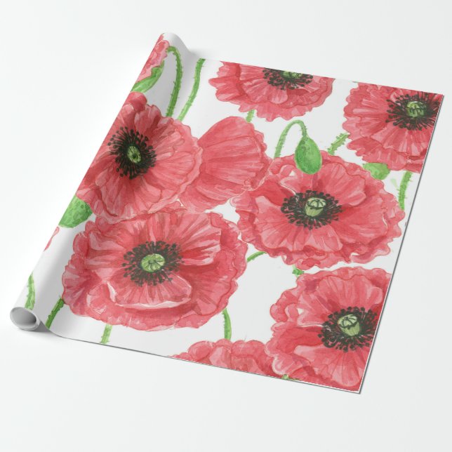 Watercolor poppies floral pattern wrapping paper (Unrolled)