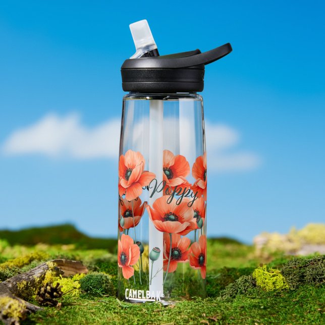 Watercolor Poppies Name Floral Water Bottle (Pop your name on this pretty poppy water bottle)