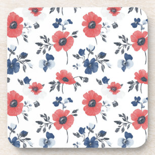 Watercolor Poppies Pattern – Red, Blue & White (2) Coaster