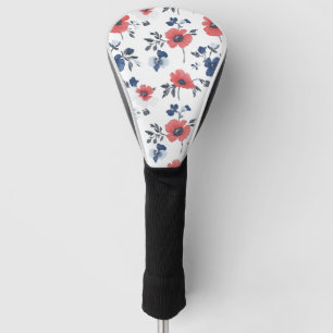 Watercolor Poppies Pattern – Red, Blue & White (2) Golf Head Cover