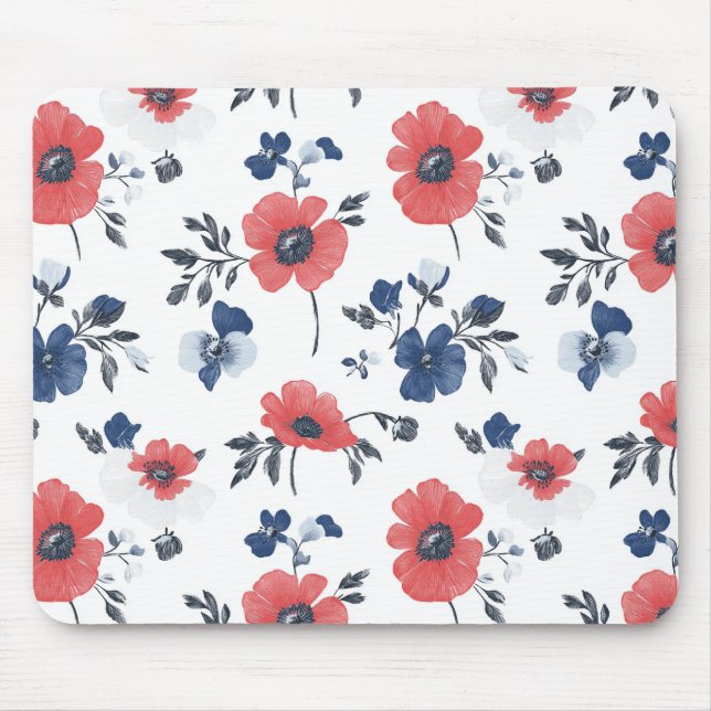 Watercolor Poppies Pattern – Red, Blue & White (2) Mouse Mat (Front)
