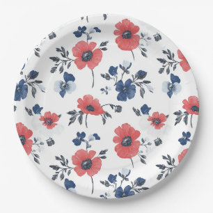 Watercolor Poppies Pattern – Red, Blue & White (2) Paper Plate