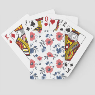 Watercolor Poppies Pattern – Red, Blue & White (2) Playing Cards