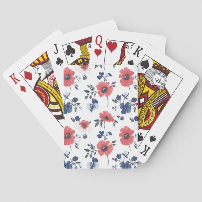 Watercolor Poppies Pattern – Red, Blue & White (2) Playing Cards (Back)