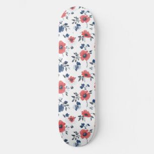Watercolor Poppies Pattern – Red, Blue & White (2) Skateboard