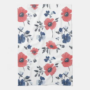 Watercolor Poppies Pattern – Red, Blue & White (2) Tea Towel