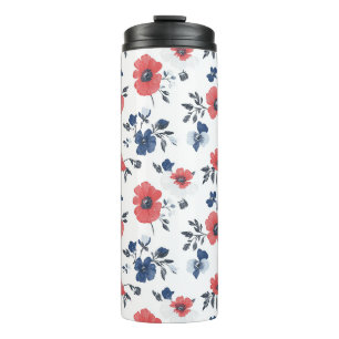 Watercolor Poppies Pattern – Red, Blue & White (2) Thermal Tumbler