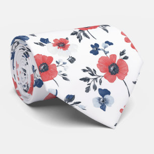 Watercolor Poppies Pattern – Red, Blue & White (2) Tie
