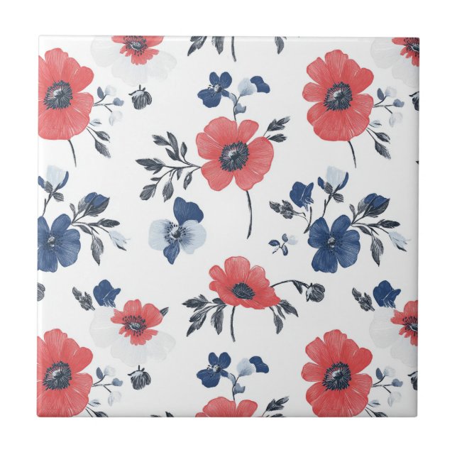 Watercolor Poppies Pattern – Red, Blue & White (2) Tile (Front)
