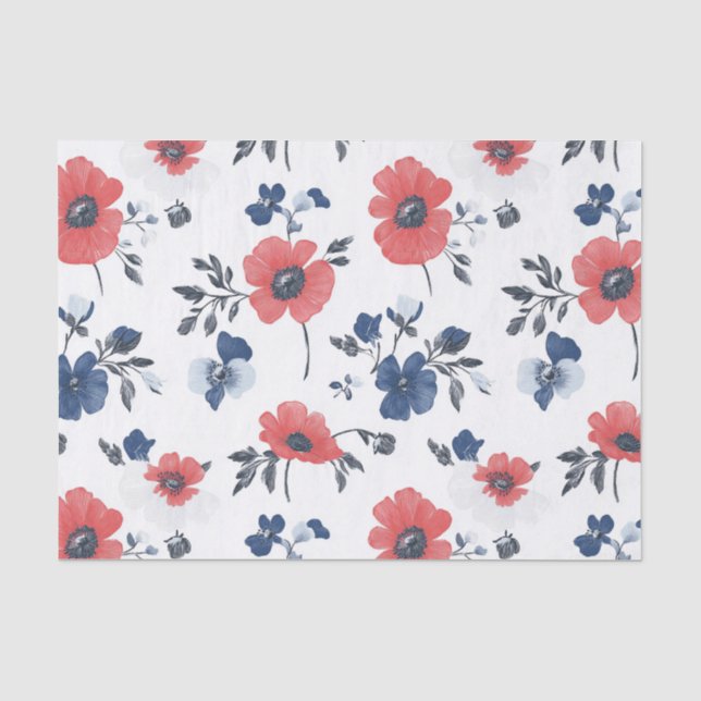 Watercolor Poppies Pattern – Red, Blue & White (2) Tissue Paper (Front)