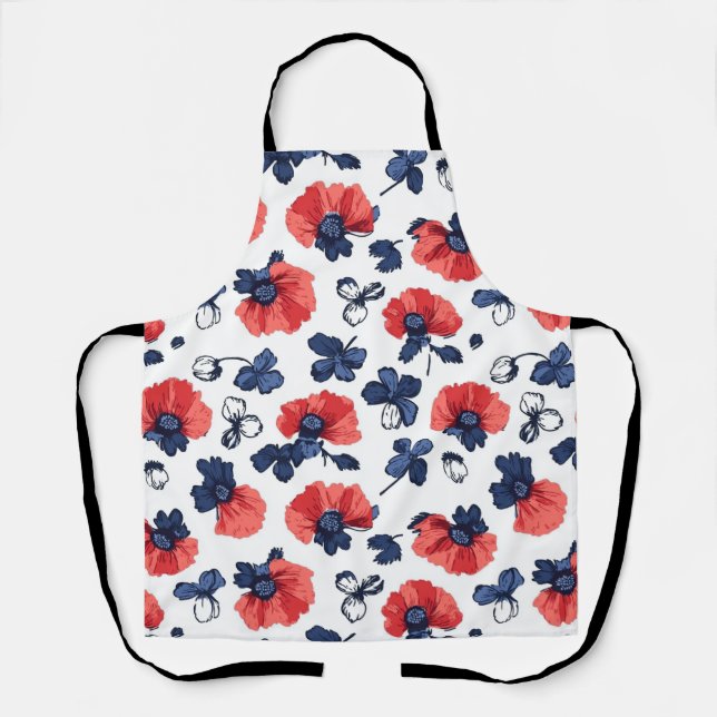 Watercolor Poppies Pattern – Red, Blue & White (3) Apron (Front)