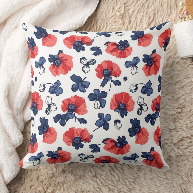 Watercolor Poppies Pattern – Red, Blue & White (3) Cushion (Blanket)