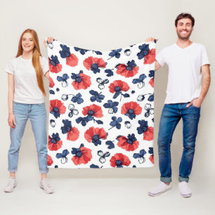 Watercolor Poppies Pattern – Red, Blue & White (3) Fleece Blanket