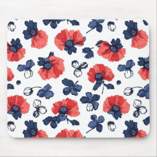 Watercolor Poppies Pattern – Red, Blue & White (3) Mouse Mat