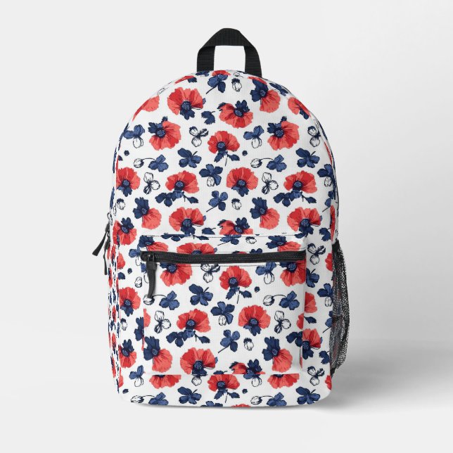 Watercolor Poppies Pattern – Red, Blue & White (3) Printed Backpack (Front)